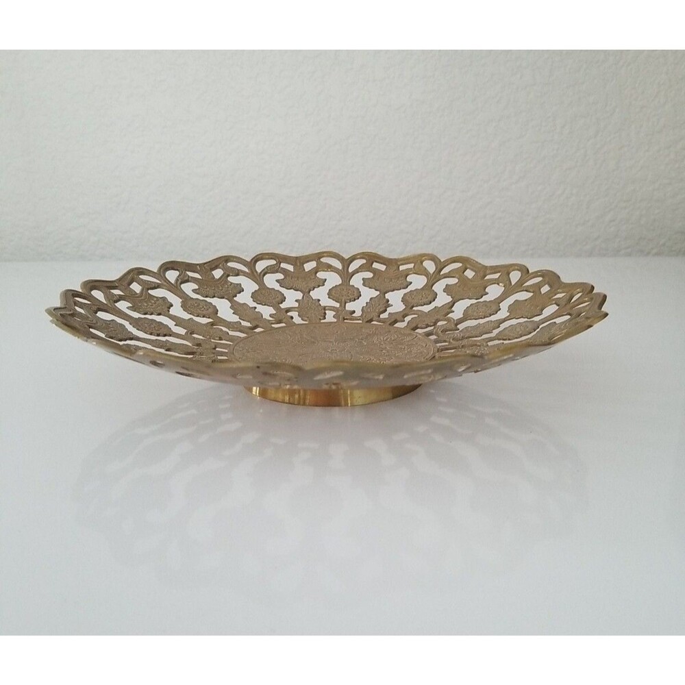 Vintage Brass Metal Bowl plate Reticulated Floral Design Footed Pedestal 10" - Picture 2 of 6